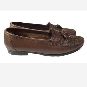 Oleg Cassini Leather Loafer Shoes Mens Size 10M Brown Woven Deco Tassels ½" Heel